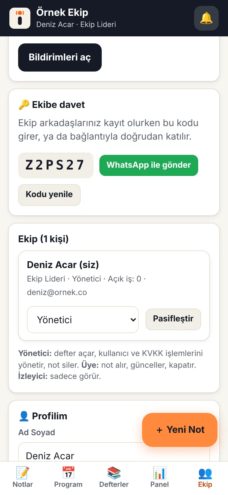 Ekibini davet et ekranı
