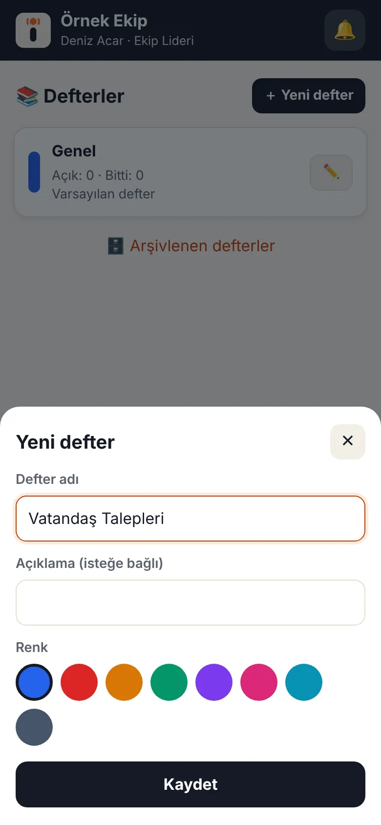Defter aç ekranı
