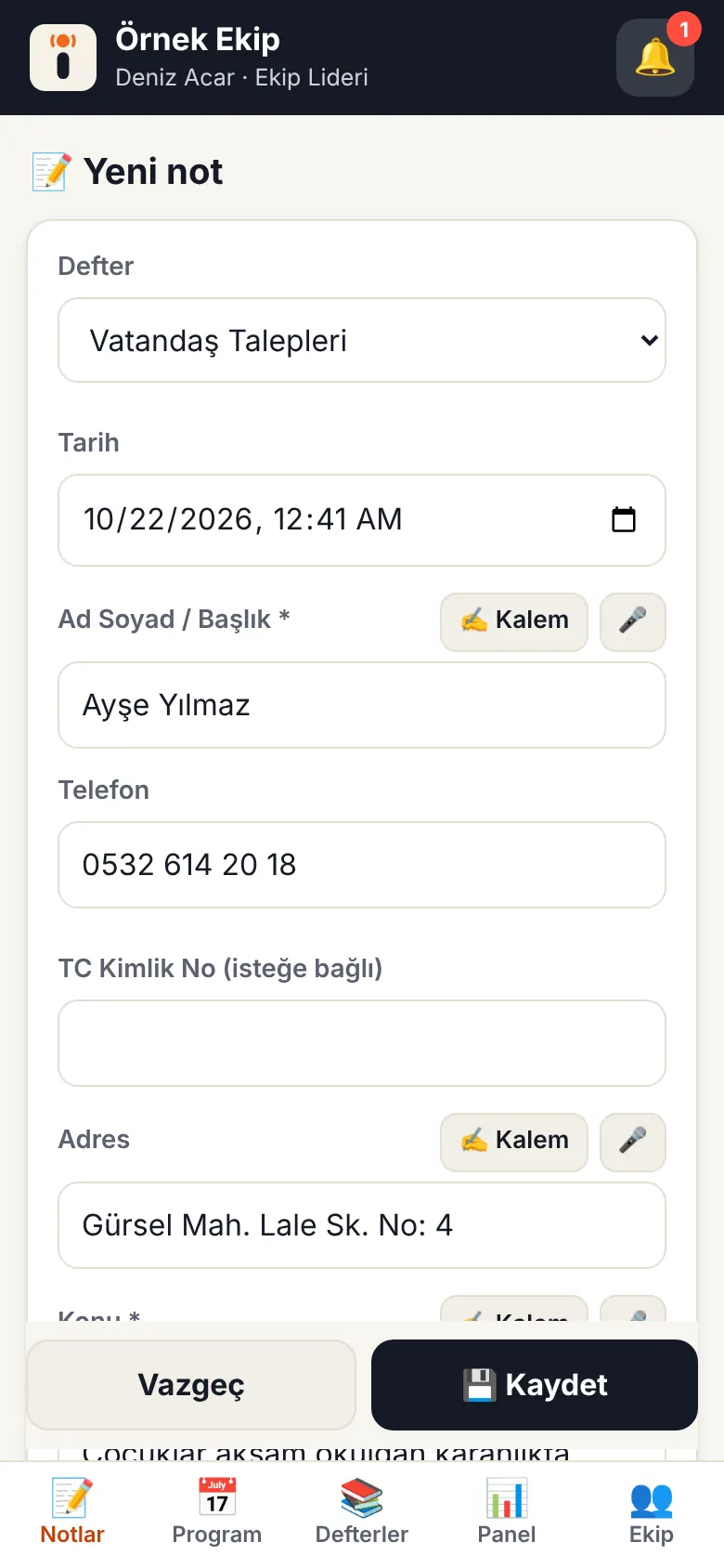Yeni not al ekranı
