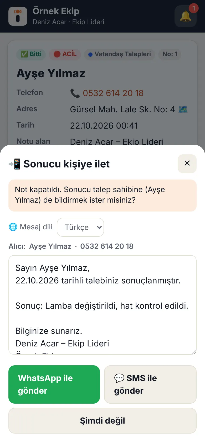 Sonucu kişiye ilet ekranı
