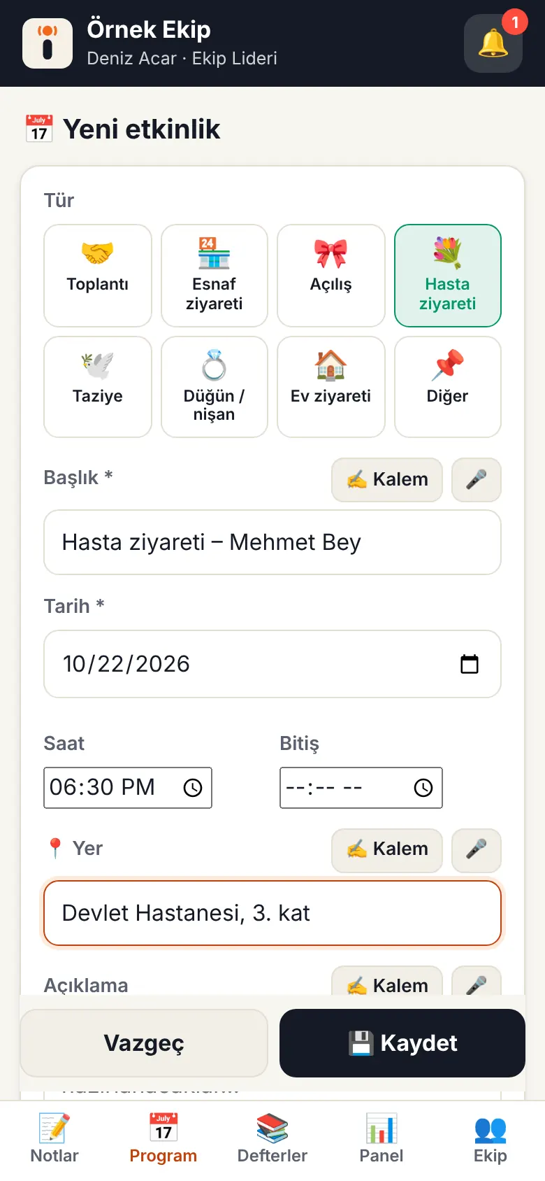 Etkinlik ekle ekranı