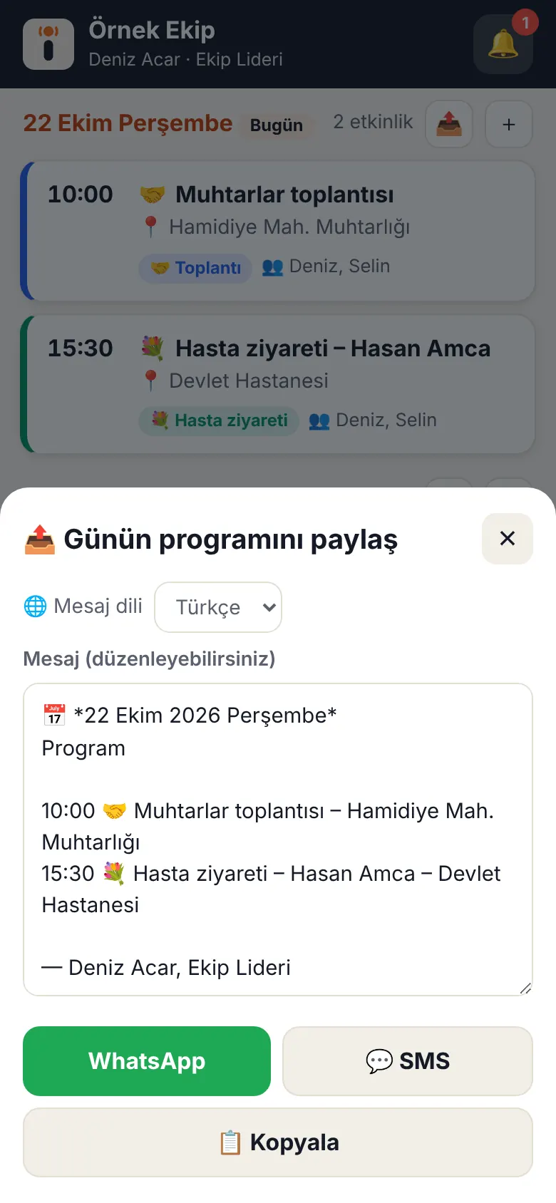 Günü paylaş, ziyarette not al ekranı