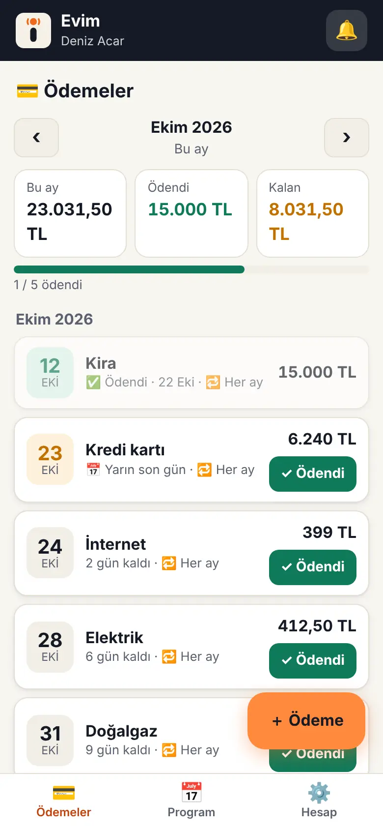 Ödemeler ekranı