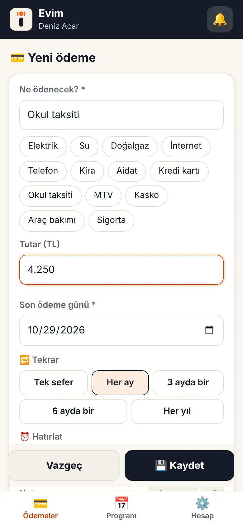 Ödeme ekle ekranı