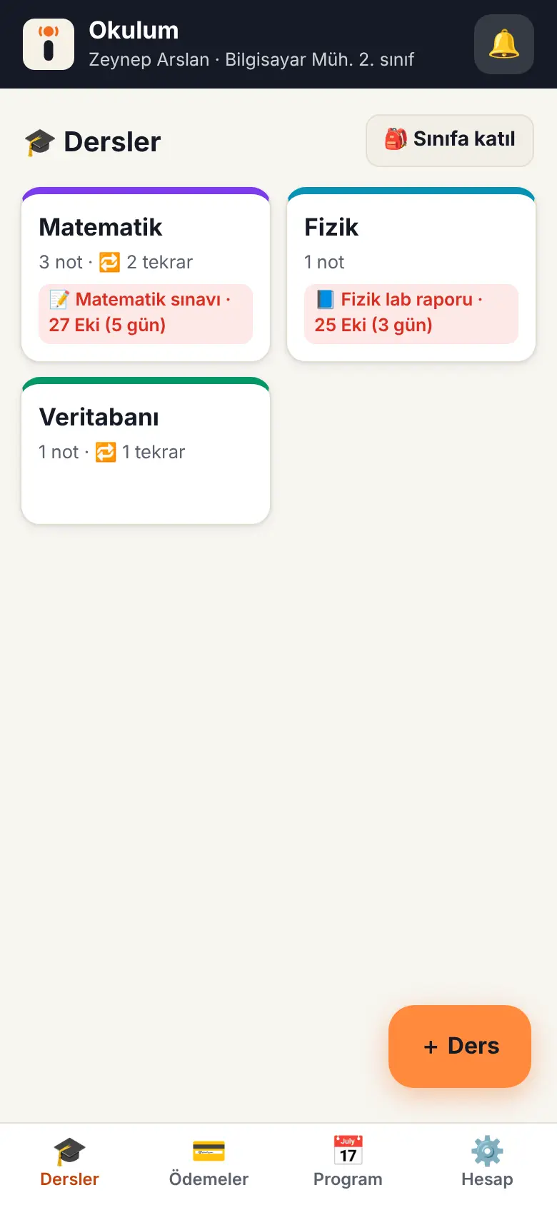 Derslerini ekle ekranı