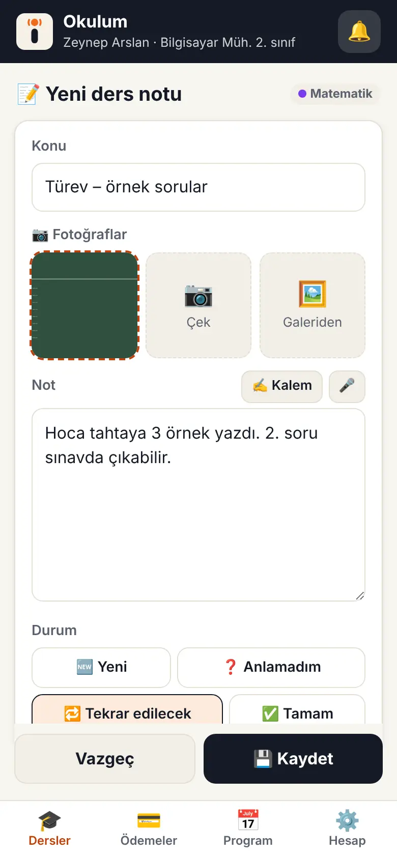 Not al, tahtanın fotoğrafını çek ekranı