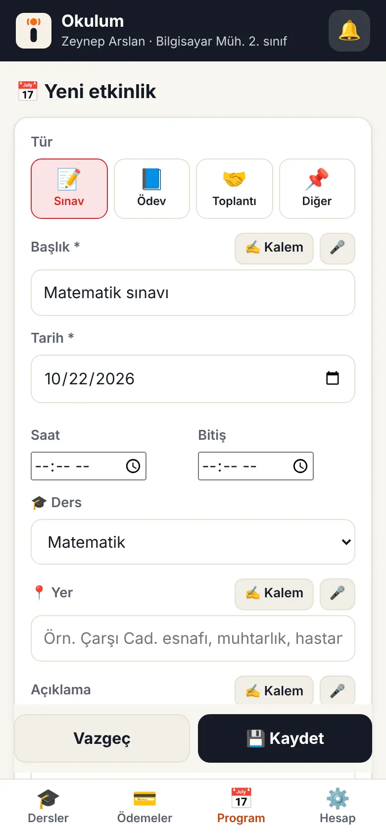 Sınav ve ödev ekranı