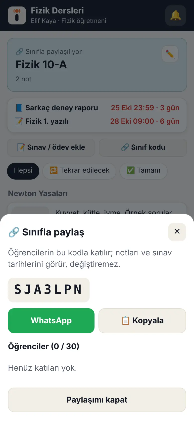 Sınıfla paylaş ekranı