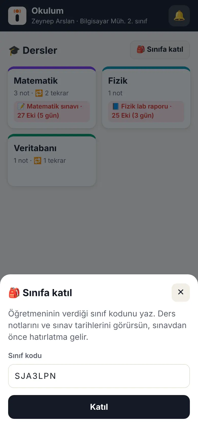 Öğretmeninin sınıfına katıl ekranı