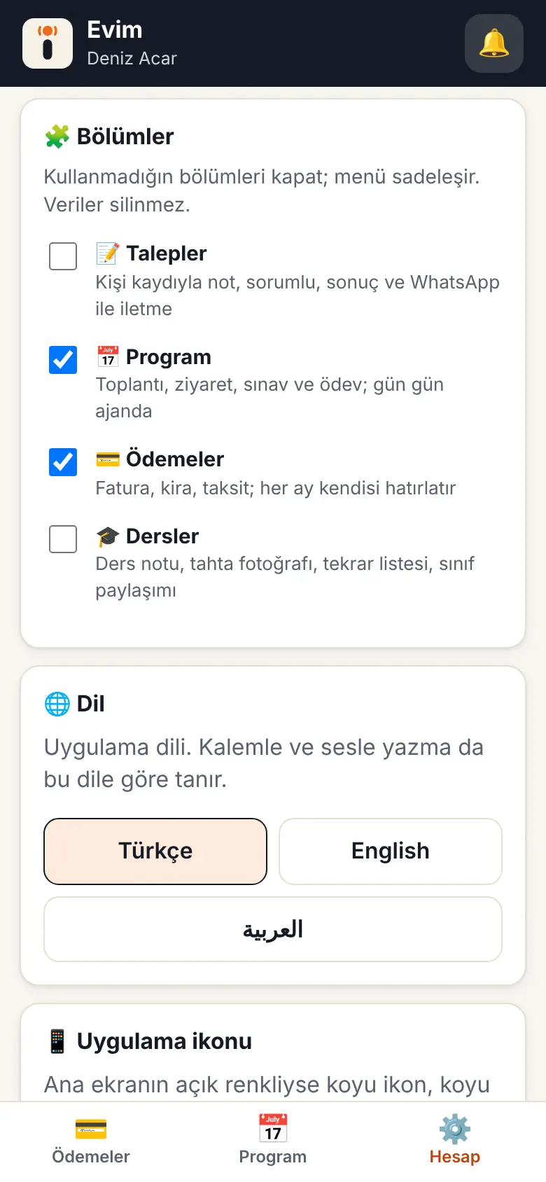 Bölümleri aç/kapat ekranı