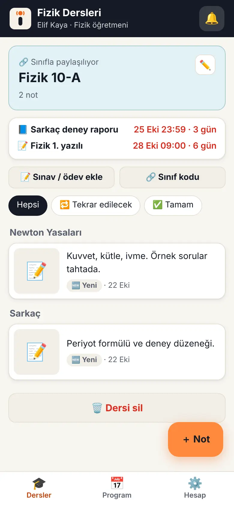 Dersini aç, not ekle ekranı